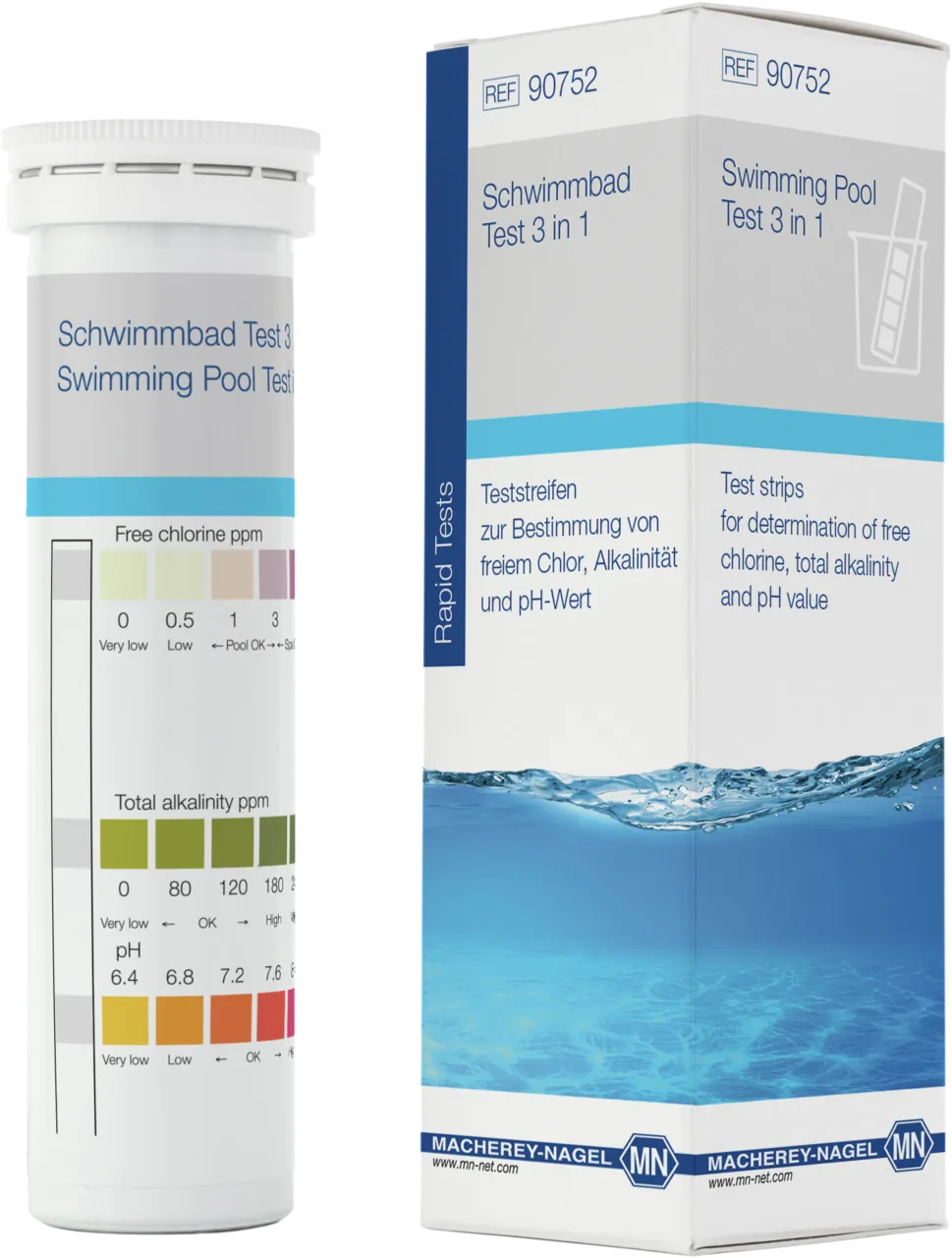 Swimming Pool Test 3 in 1 Teststrips for determination of Free Chlorine, Alkalinity and pH, pack of 50 strips