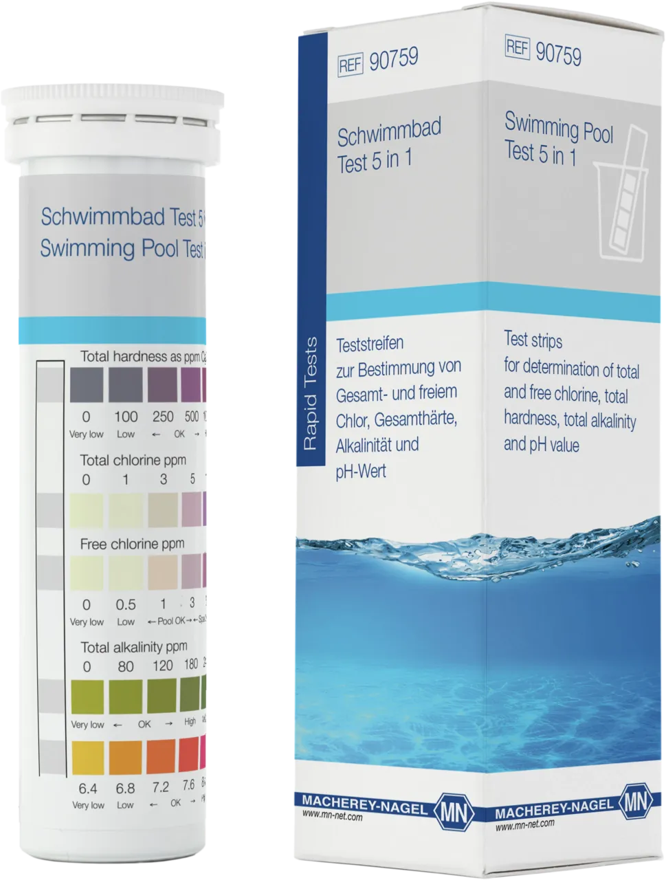 Swimming Pool Test 5 in 1 Teststrips for determination of Free Chlorine, Total Chlorine, Water hardness, Alkalinity and pH pack of 50 strips