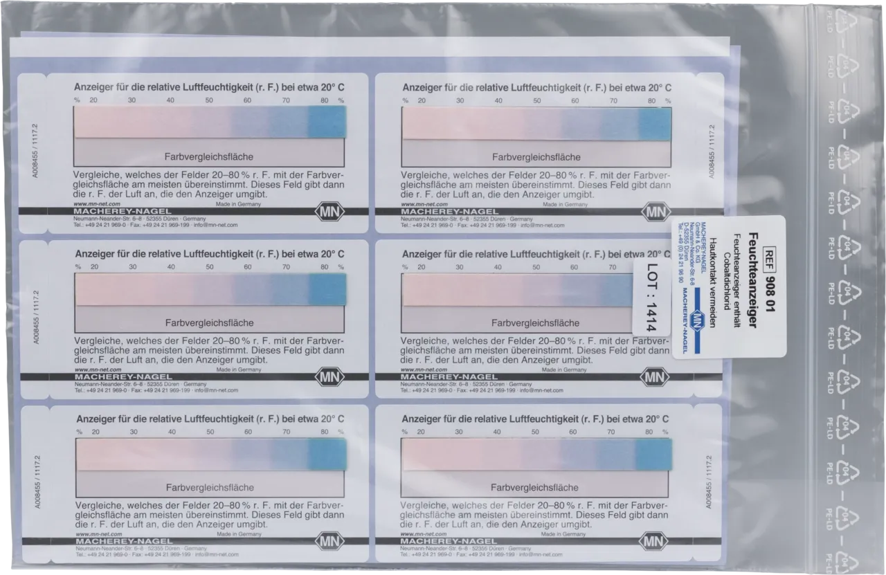 Moisture indicator papers, gradation: 20 - 80 % r. h., self-adhesive labels of 50 x 100 mm pack of 12 Test papers contain cobalt dichloride <(><<)> 2.5% Co (REACh-SVHC)