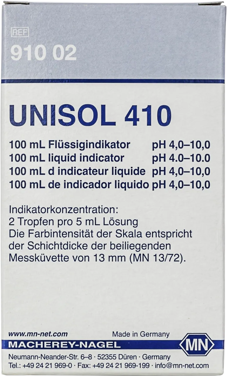 UNISOL 410, indicator solution pH 4-10 box of 100 mL incl. colour scale and measuring cell