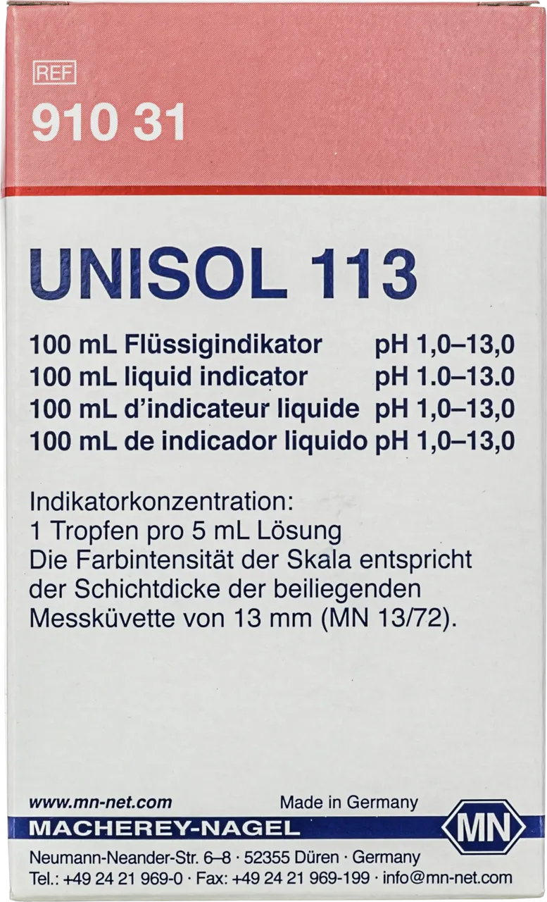 UNISOL 113, indicator solution pH 1-13 box of 100 mL incl. colour scale and measuring cell