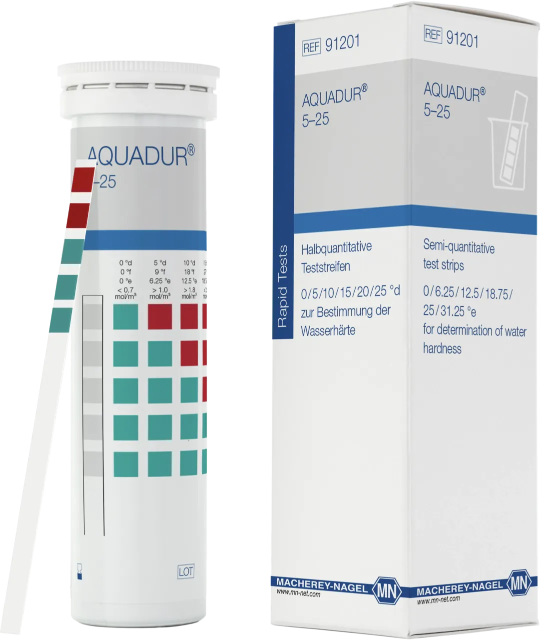 AQUADUR test sticks gradation: <(><<)>3 >5 >10 >15 >20 >25 °d = <(><<)>54 >90 >180 >270 >360 >450 ppm CaCO3 box of 100 sticks 6 x 95 mm