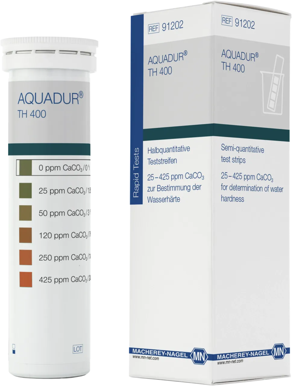 AQUADUR test strips Gradation: 0 / 25 / 50 / 120 / 250 / 425 ppm With only one test field Pack of 50 test strips