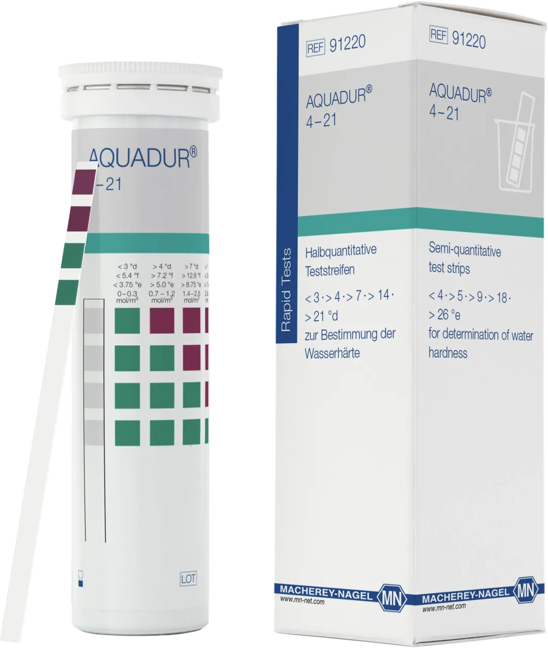 AQUADUR test sticks gradation: <(><<)>3 >4 >7 >14 >21 °d = <(><<)>54 >72 >126 >252 >378 ppm CaCO3 box of 100 test sticks