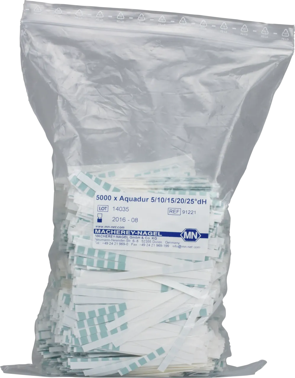 AQUADUR test sticks gradation: <3 - >5 - >10 - >15 - >20 - >25 °dH bag of 5000 bulk packed