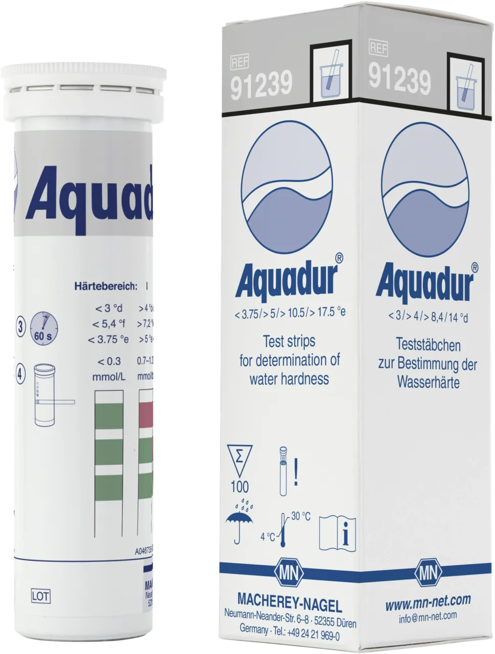 AQUADUR test sticks gradation: <3 >4 >8.4 >14 °d = <54 >72 >151 >252 ppm CaCO3 box of 100 sticks 6 x 95 mm