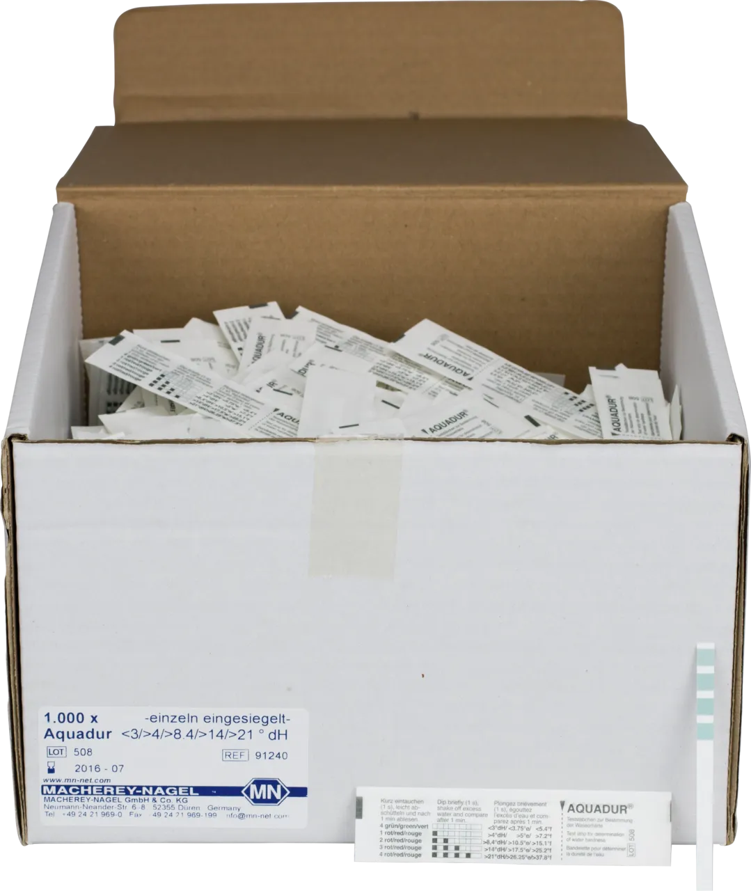 AQUADUR test sticks gradation: <(><<)>3 >4 >8.4 >14 >21 °dH test sticks single sealed pack of 1000