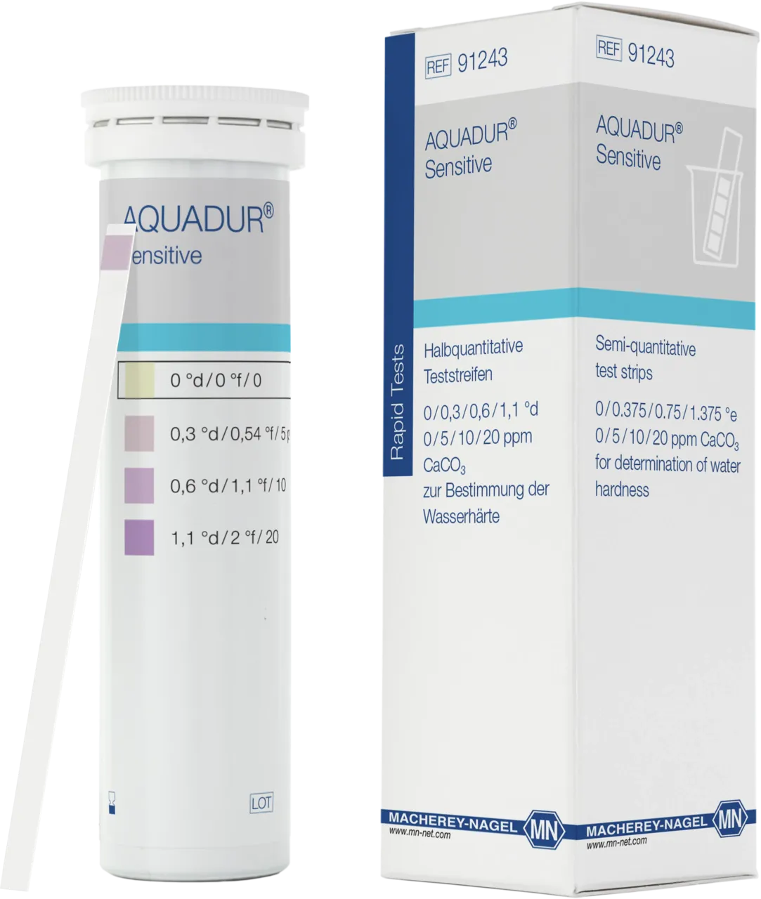 AQUADUR Sensitive test sticks gradation: 0-0.3-0.6-1.1 °d / 0-5-10-20 ppm CaCO3 box of 50 sticks 6 x 95 mm