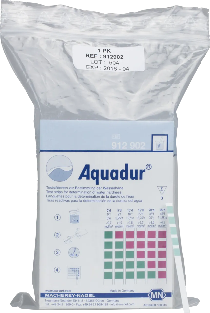 AQUADUR test sticks gradation: <(><<)>3 >5 >10 >15 >20 >25 °dH set of 3 single sealed test sticks pack of 50 sets