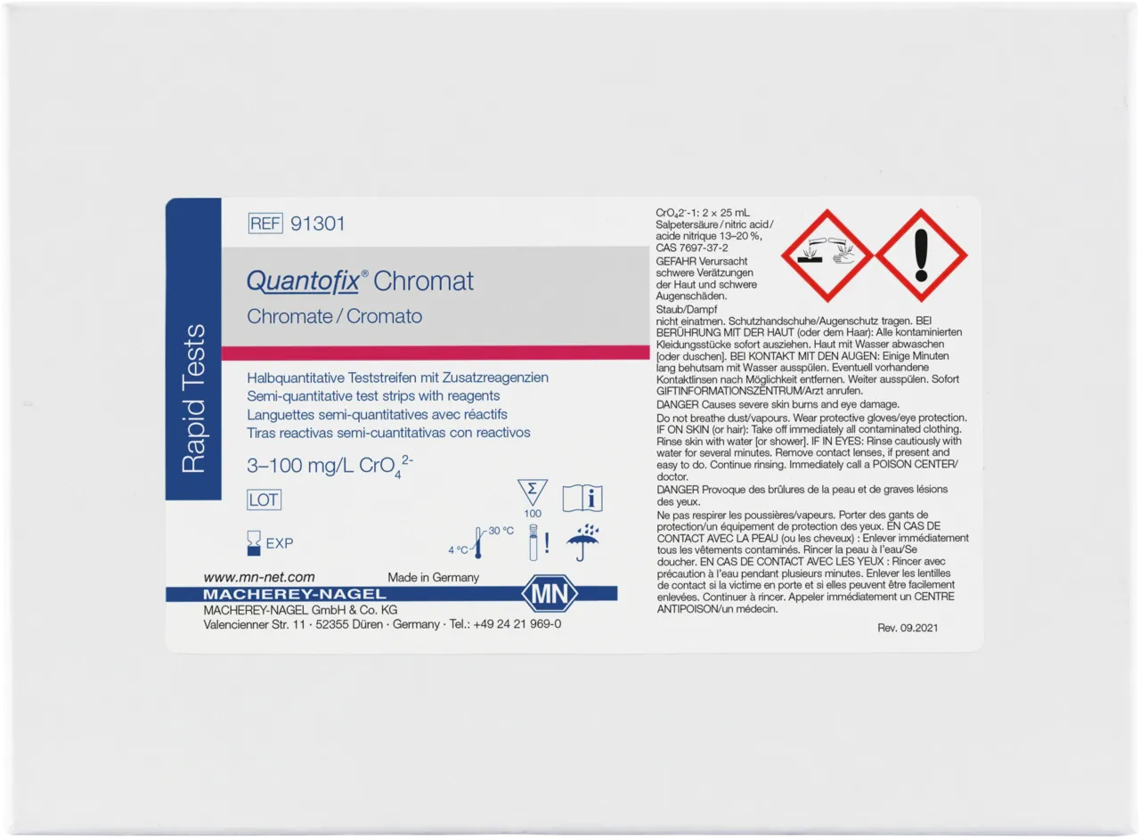 QUANTOFIX Chromate test strips 6 x 95 mm measuring range: 0-3-10-30-100 mg/L CrO42- sufficient for 100 determinations