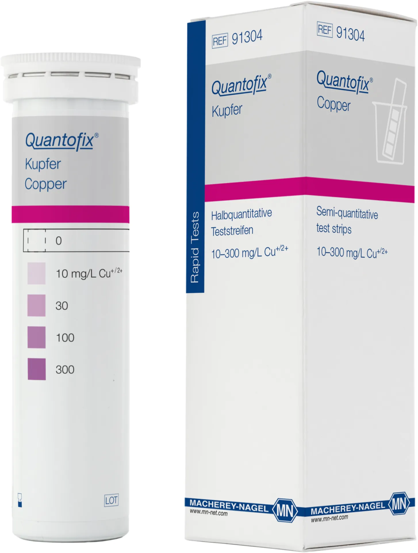 QUANTOFIX Copper test strips 6 x 95 mm measuring range: 0-10-30-100- 300 mg/L Cu+/2+ sufficient for 100 determinations