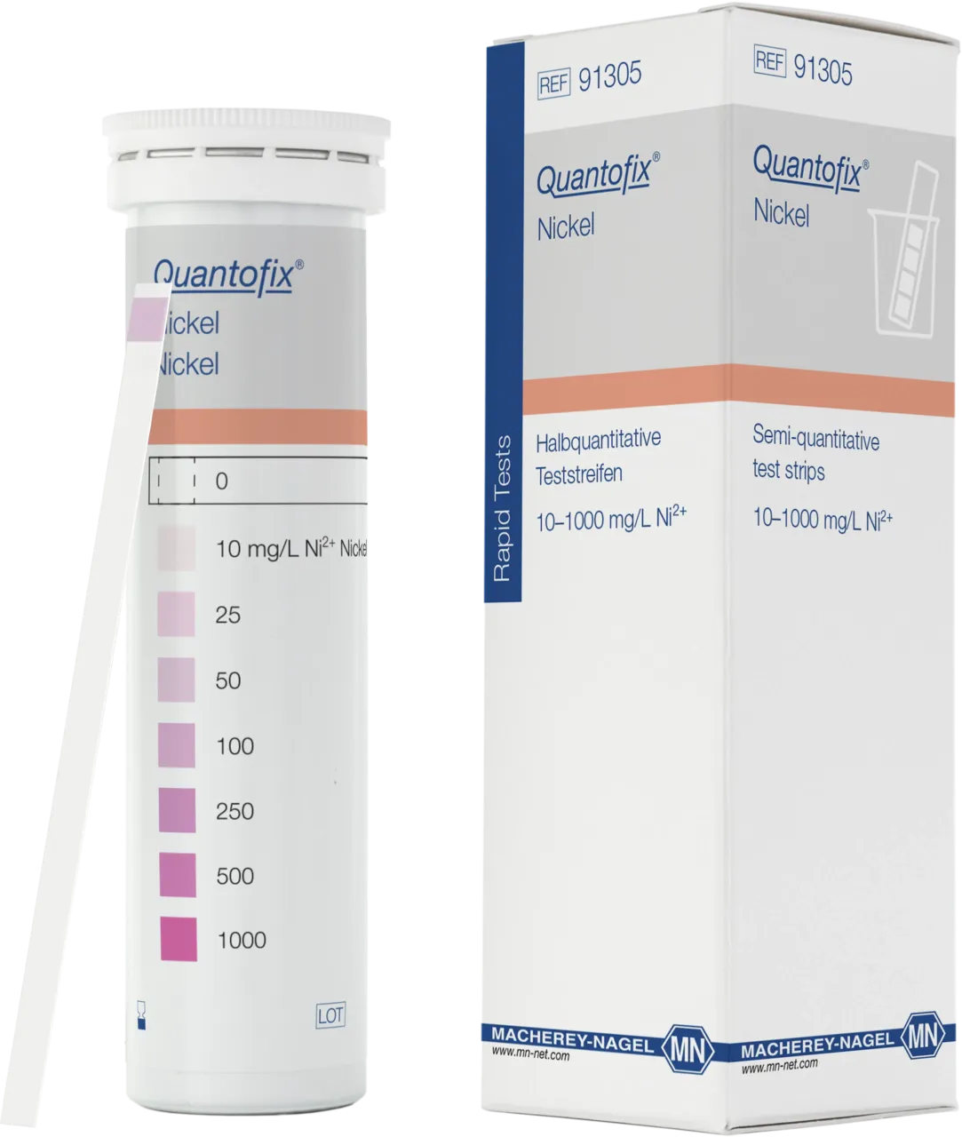 QUANTOFIX Nickel test strips 6 x 95 mm measuring range: 0-10-25-50-100- 250-500-1000 mg/L Ni2+ sufficient for 100 determinations