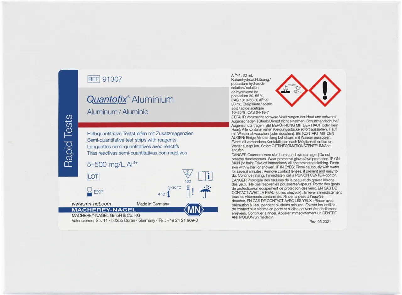 QUANTOFIX Aluminium test strips 6 x 95 mm measuring range: 0-5-20-50-200-500 mg/L Al3+ sufficient for 100 determinations