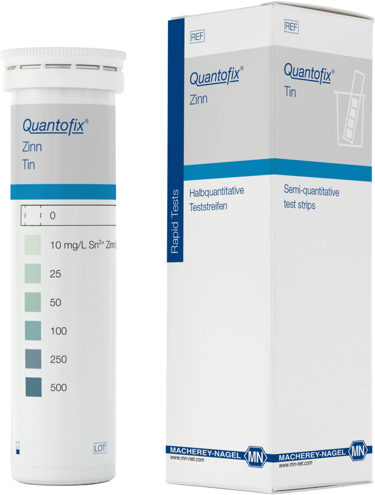 QUANTOFIX Tin test strips 6 x 95 mm measuring range: 0-10-25-50-100-250- 500 mg/L Sn2+ sufficient for 100 determinations