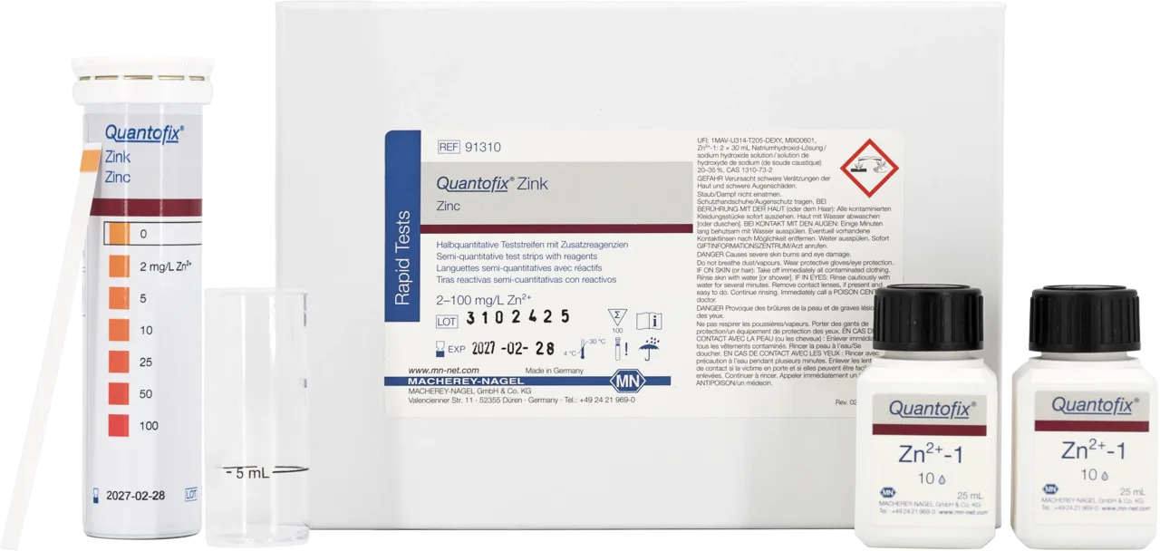 QUANTOFIX Zinc test strips 6 x 95 mm measuring range: 0-2-5-10-25-50-100 mg/L Zn2+ sufficient for 100 determinations