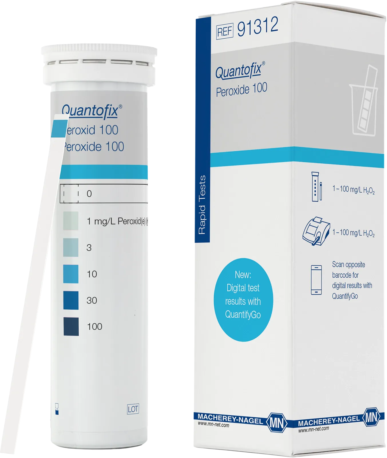 QUANTOFIX Peroxide 100 test strips 6 x 95 mm measuring range: 0-1-3-10-30-100 mg/L H2O2 sufficient for 100 determinations