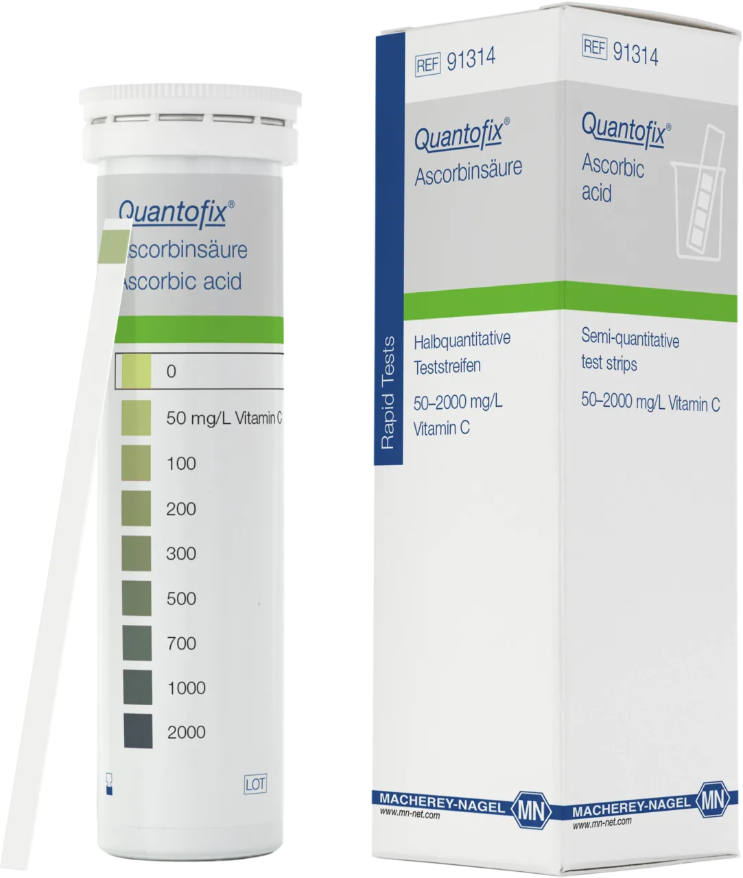 QUANTOFIX Ascorbic acid test strips 6 x 95 mm measuring range: 0-50-100-200-300-500- 700-1000-2000 mg/L vitamin C sufficient for 100 determinations