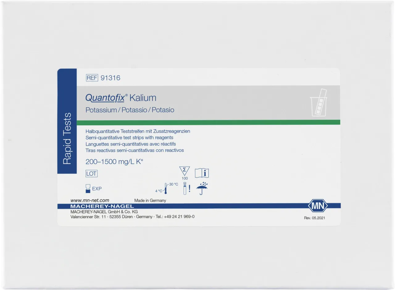 QUANTOFIX Potassium test strips 6 x 95 mm measuring range: 0-200-400-700-1000-1500 mg/L K+ sufficient for 100 determinations