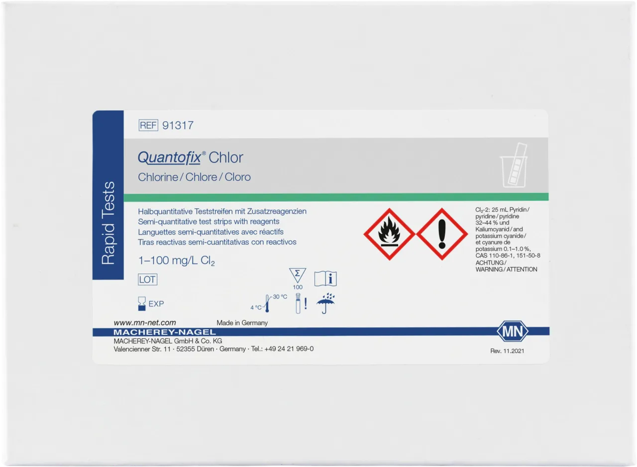 QUANTOFIX Chlorine test strips 6 x 95 mm measuring range: 0-1-3-10-30-100 mg/L Cl2 sufficient for 100 determinations
