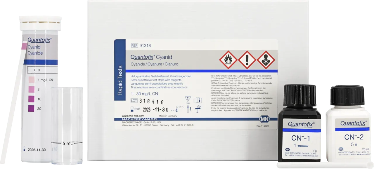QUANTOFIX Cyanide test strips 6 x 95 mm measuring range: 0-1-3-10-30 mg/L CN- sufficient for 100 determinations