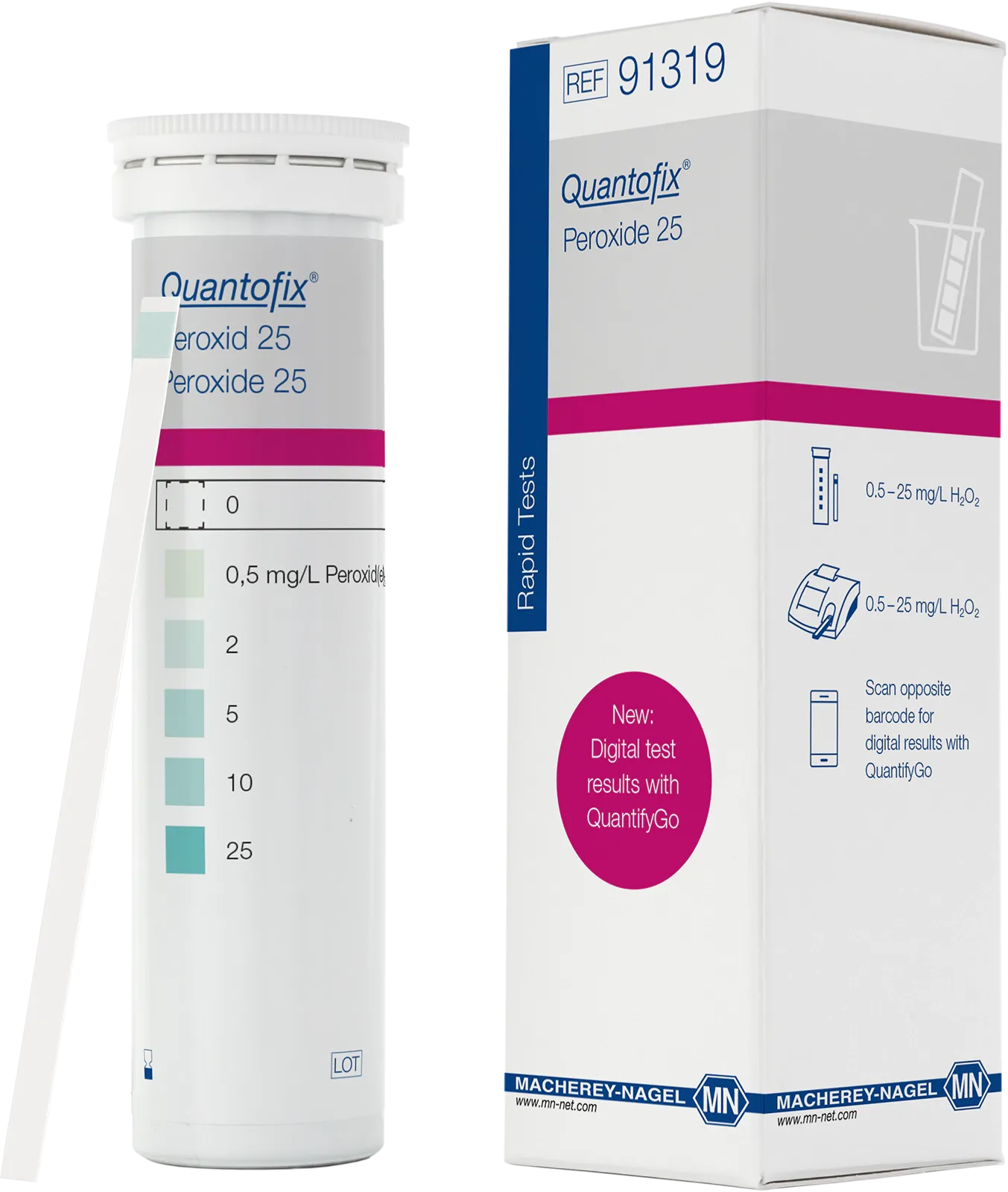 QUANTOFIX Peroxide 25 test strips 6 x 95 mm measuring range: 0-0.5-2-5-10-25 mg/L H2O2 sufficient for 100 determinations