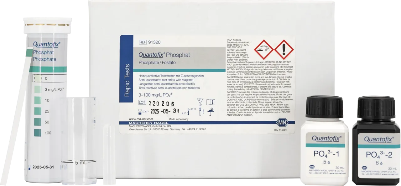 QUANTOFIX Phosphate test strips 6 x 95 mm measuring range: 0-3-10-25-50-100 mg/L PO43- sufficient for 100 determinations