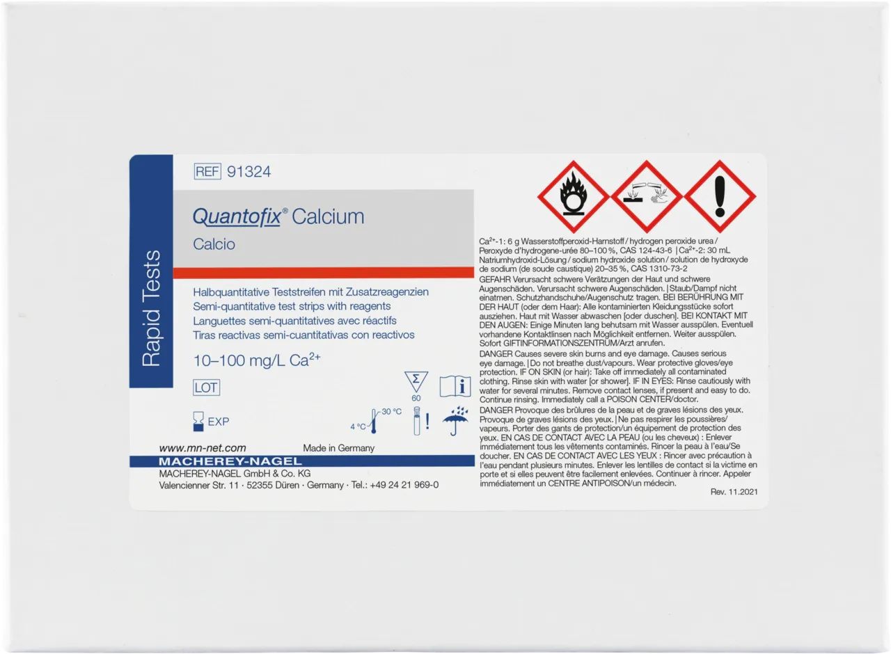 QUANTOFIX Calcium test strips 6 x 95 mm measuring range: 0-10-25-50-100 mg/L Ca2+ sufficient for 60 determinations