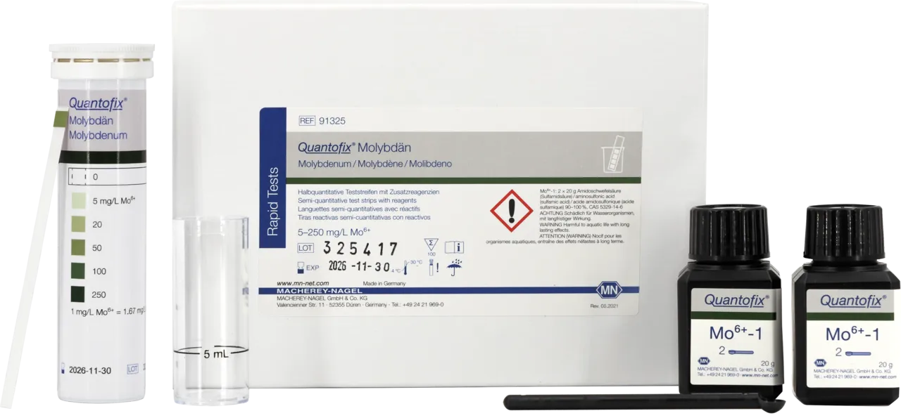 QUANTOFIX Molybdate test strips 6 x 95 mm measuring range: 0-5-20-50-100-250 mg/L Mo6+ sufficient for 100 determinations