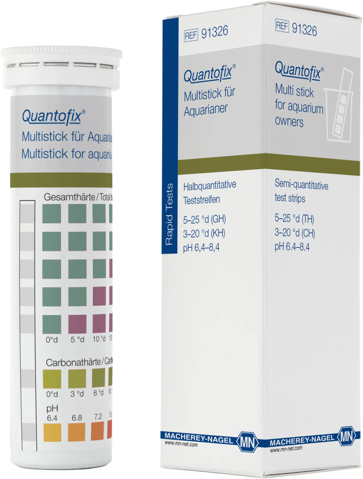 QUANTOFIX Multi stick for aquarium owners test strips 6 x 95 mm measuring range: 0-6.3-12.5-18.8-25.0-31.3 °e (total hardness) 0-3.8-7.5-12.5-18.8-25.0 °e (carbonate hardness) pH 6.4-6.8-7.2-7.6-8.0-8.4 sufficient for 100 determinations