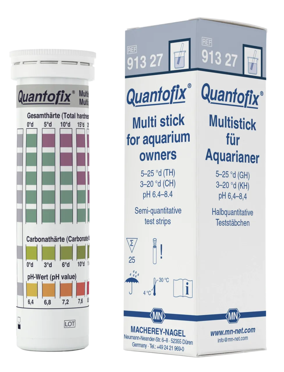 QUANTOFIX Multi-stick for aquarium owners test strips 6 x 95 mm measuring range: 0-6.3-12.5-18.8-25.0-31.3 °e (total hardness) 0-3.8-7.5-12.5-18.8-25.0 °e (carbonate hardness) pH 6.4-6.8-7.2-7.6-8.0-8.4 sufficient for 25 determinations
