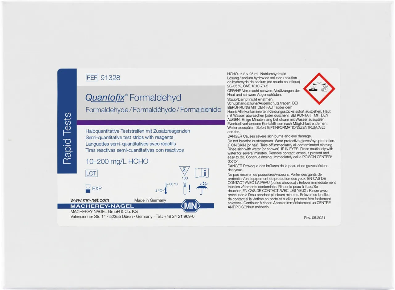 QUANTOFIX Formaldehyde test strips 6 x 95 mm measuring range: 0-10-20-40-60-100-200 mg/L HCHO sufficient for 100 determinations