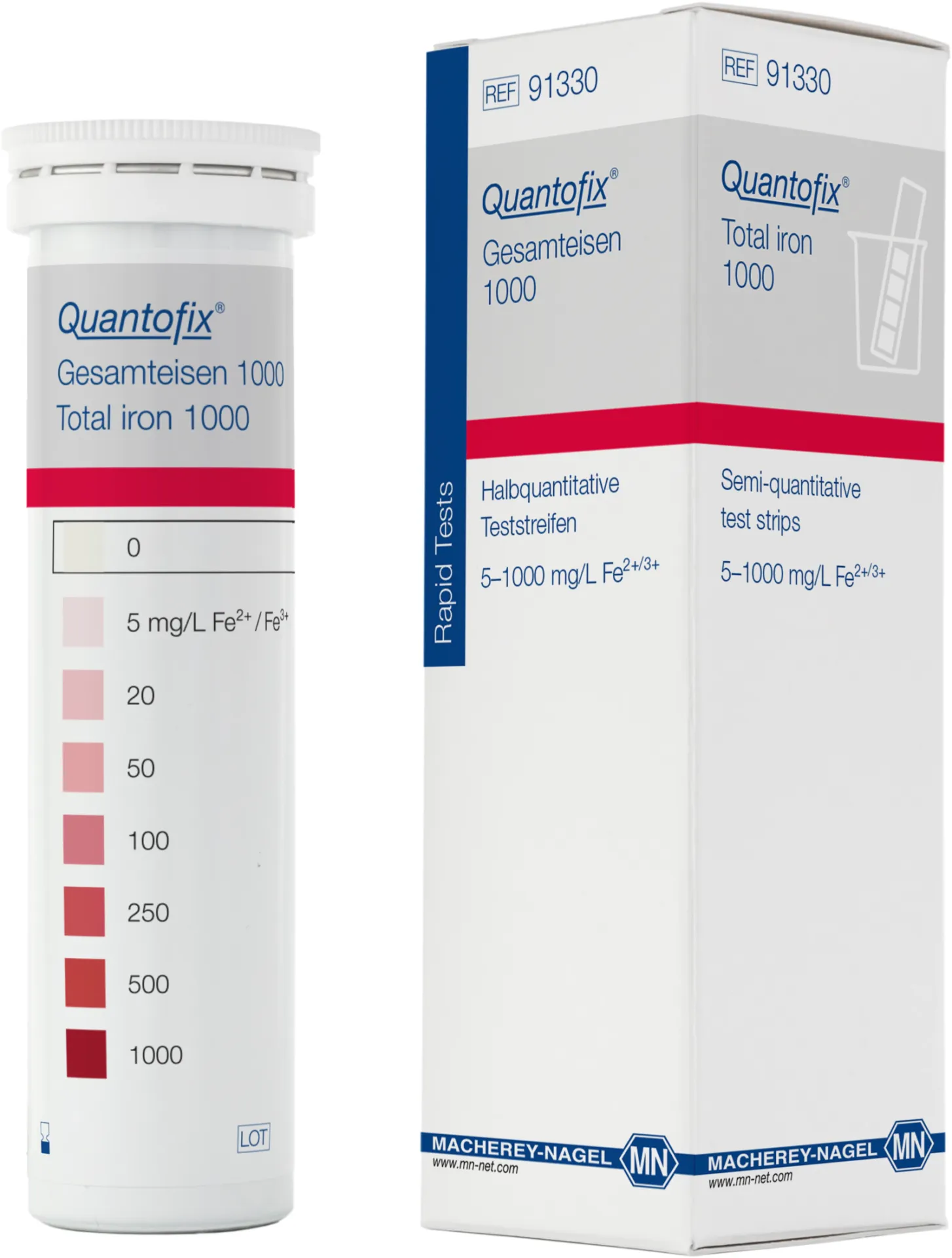 QUANTOFIX Total iron 1000 test strips 6 x 95 mm measuring range: 0-5-20-50-100-250- 500-1000 mg/L Fe2+/Fe3+ sufficient for 100 determinations