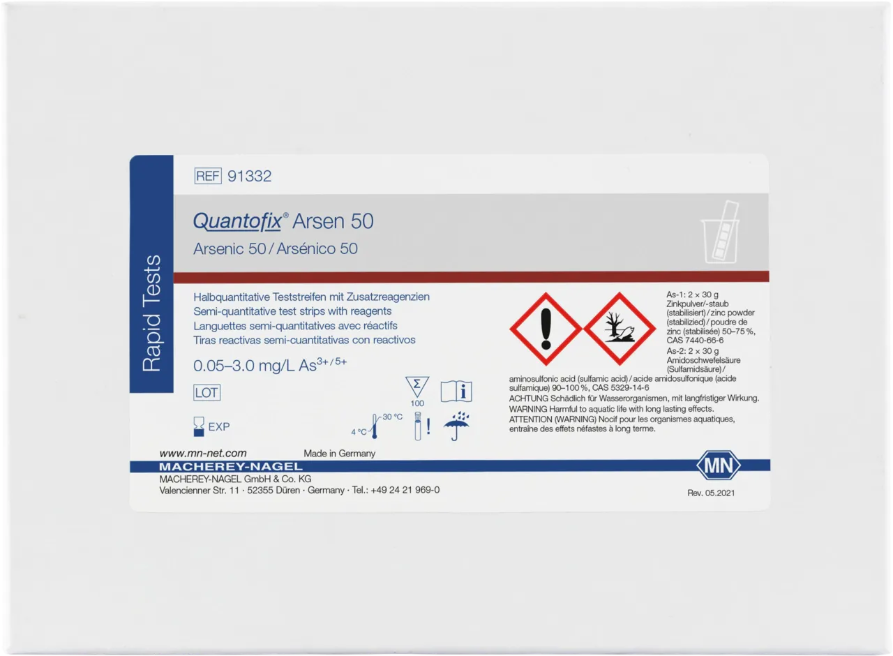QUANTOFIX Arsenic 50 test strips 6 x 95 mm measuring range: 0-0.05-0.1-0.5-1.0- 1.7-3.0 mg/L As3+/5+ sufficient for 100 determinations