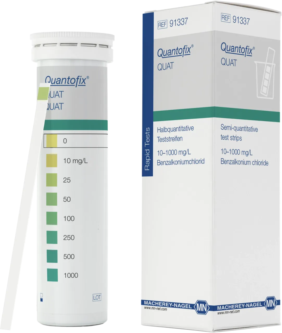 QUANTOFIX QUAT test strips 6 x 95 mm measuring range: 0-10-25-50-100-250- 500-1000 mg/L benzalkonium-chloride sufficient for 100 determinations