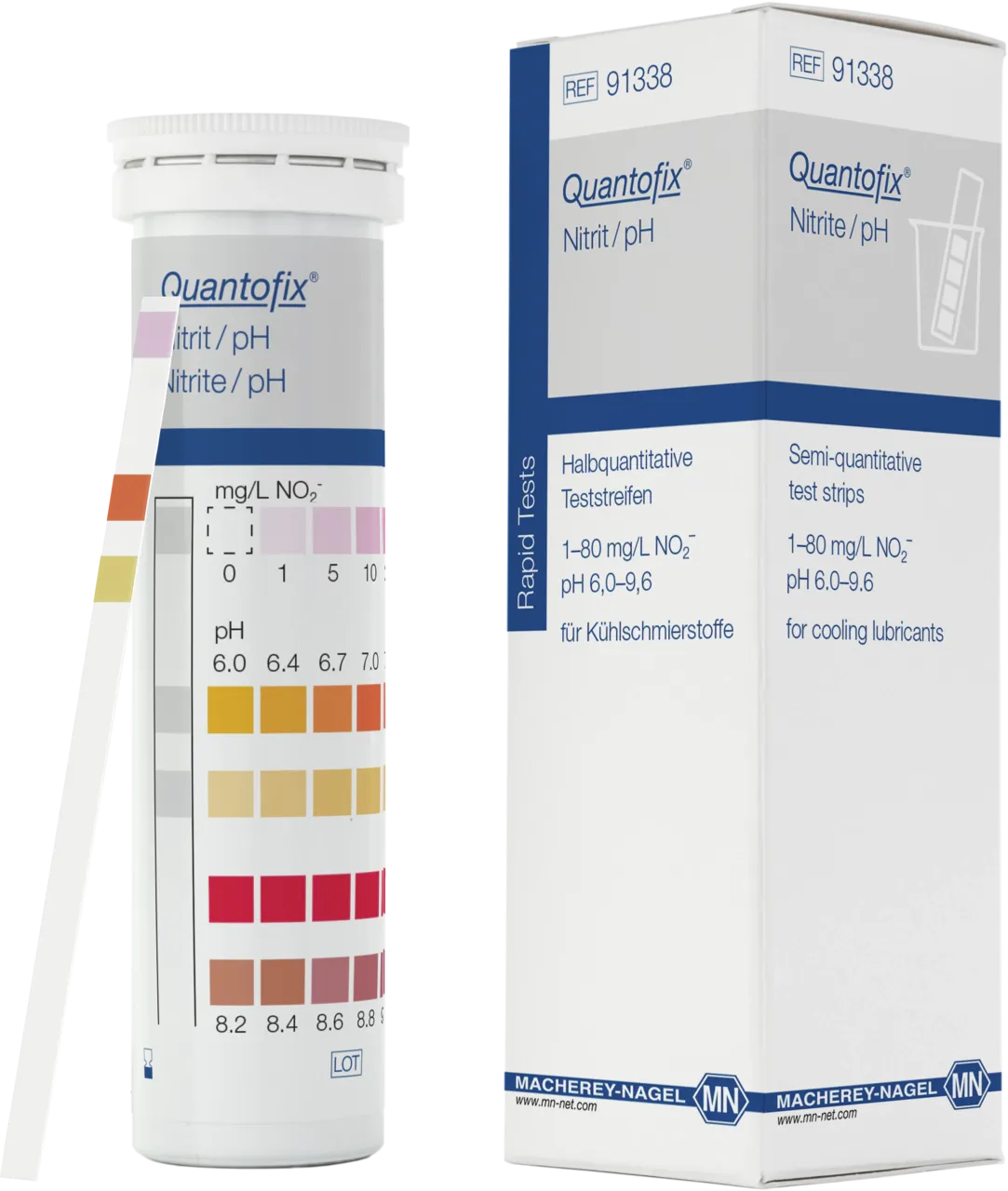 QUANTOFIX Nitrite/pH test strips 6 x 95 mm measuring range: 0-1-5-10-20-40-80 mg/L NO2- pH 6.0-6.4-6.7-7.0-7.3-7.6-7.9- 8.2-8.4-8.6-8.8-9.0-9.3-9.6 sufficient for 100 determinations