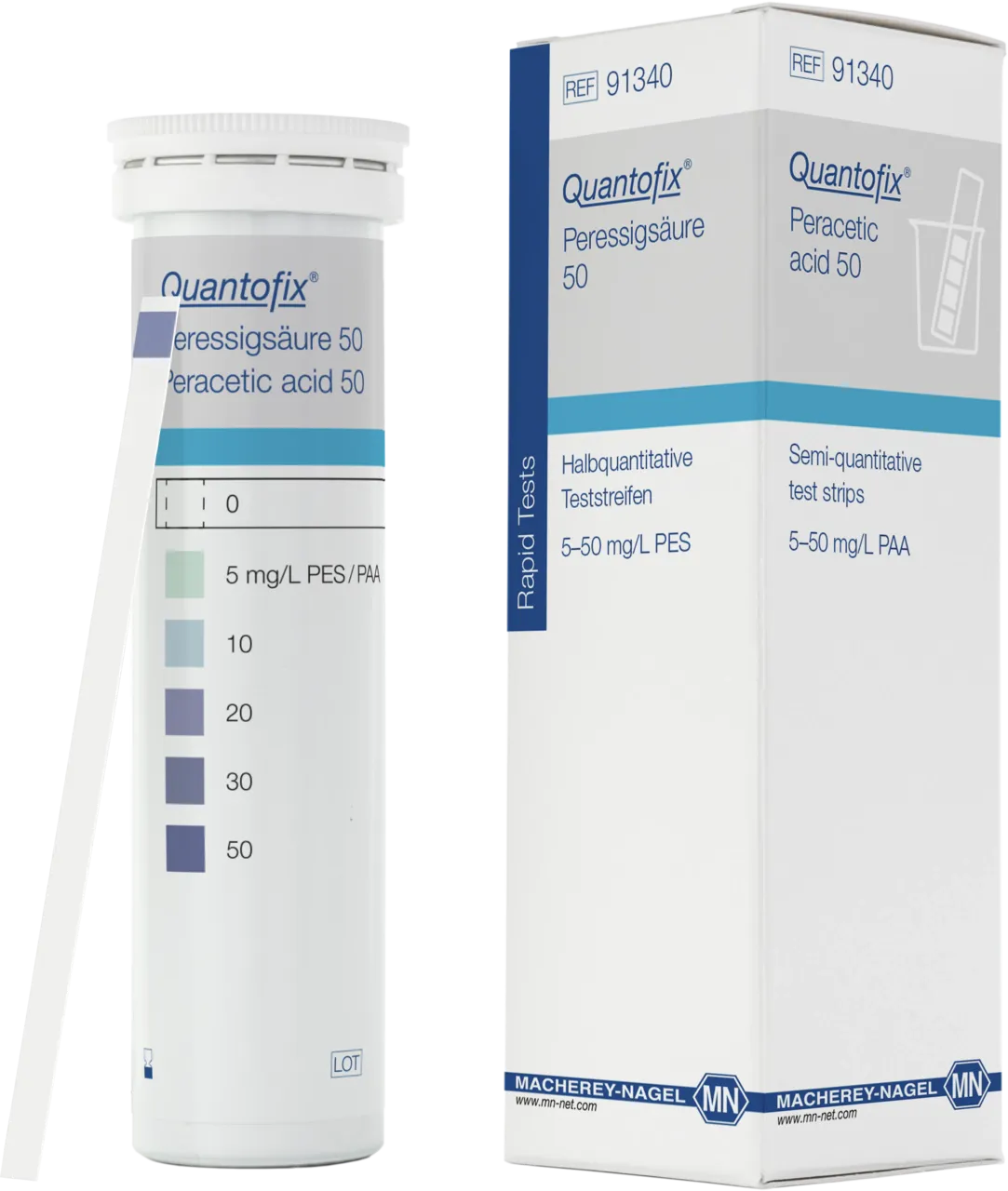 QUANTOFIX Peracetic acid 50 test strips 6 x 95 mm measuring range: 0-5-10-20-30-50 mg/L peracetic acid sufficient for 100 determinations