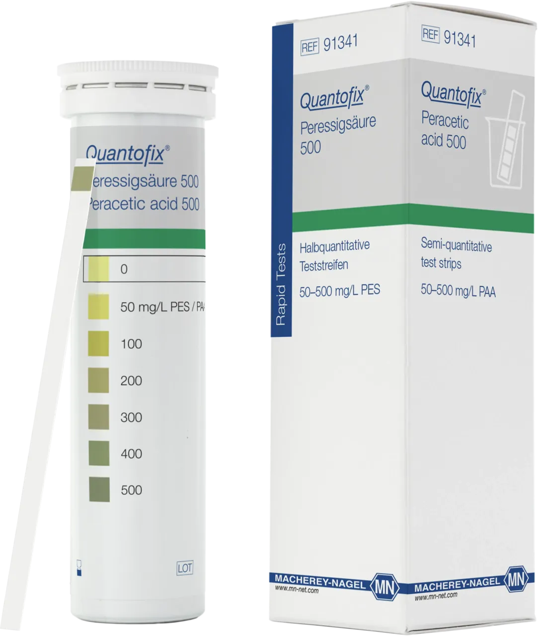 QUANTOFIX Peracetic acid 500 test strips 6 x 95 mm measuring range: 0-50-100-200-300-400- 500 mg/L peracetic acid sufficient for 100 determinations