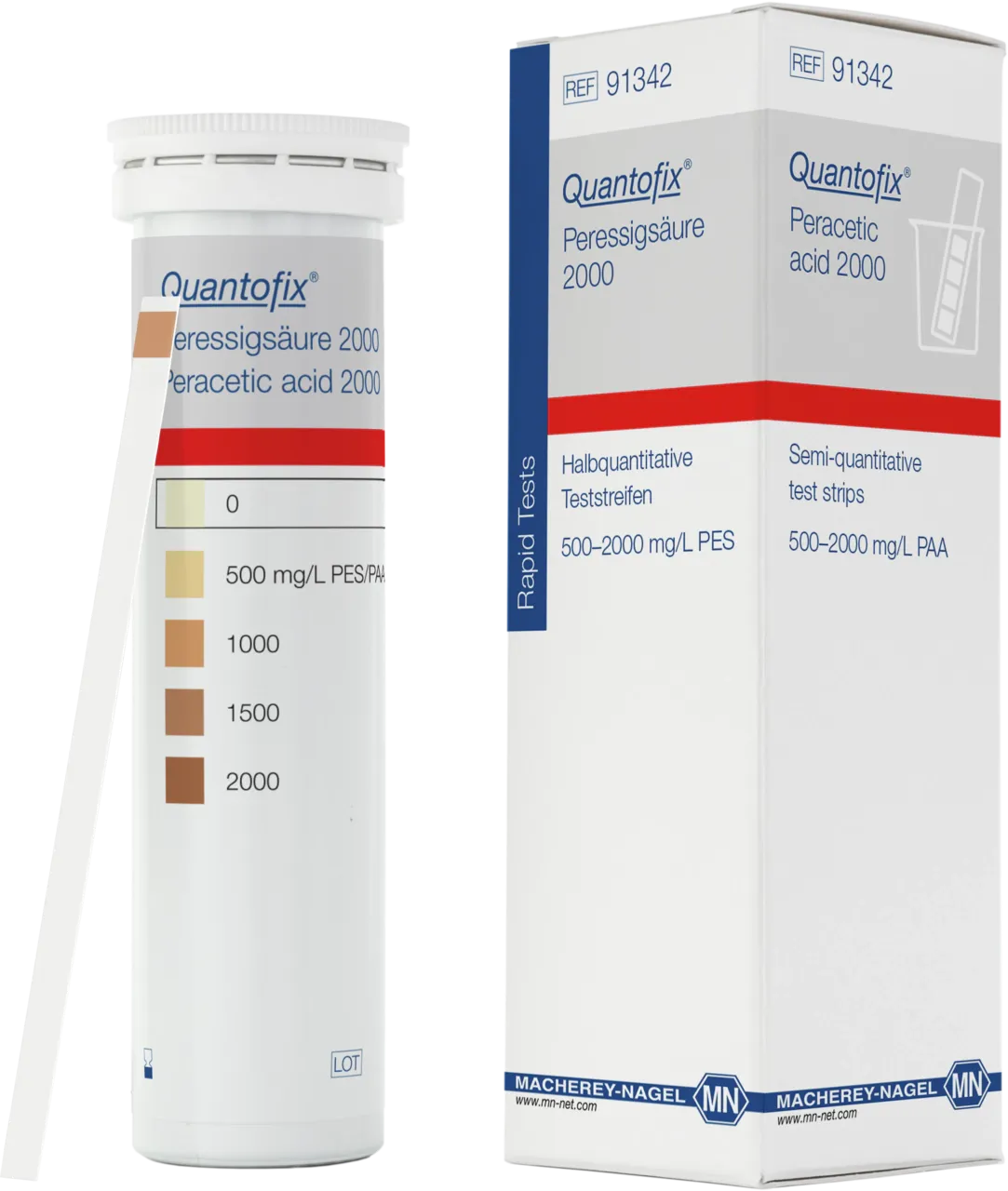 QUANTOFIX Peracetic acid 2000 test strips 6 x 95 mm measuring range: 0-500-1000-1500-2000 mg/L peracetic acid sufficient for 100 determinations