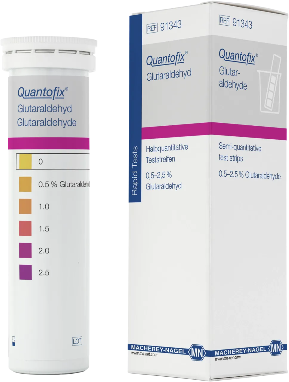 QUANTOFIX Glutaraldehyde test strips 5.5 x 95 mm measuring range: 0-0.5-1-1.5-2-2.5 % sufficient for 100 determinations