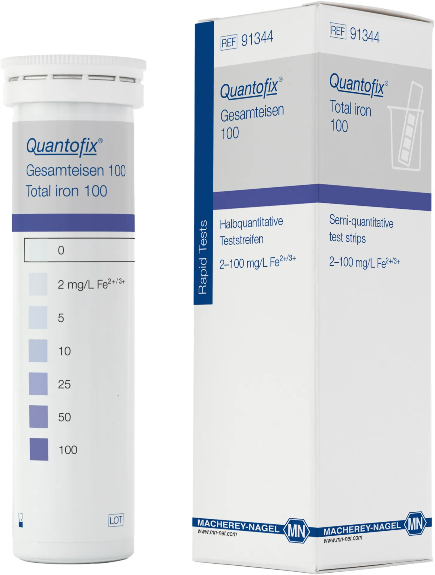 QUANTOFIX Total iron 100 test strips 6 x 95 mm measuring range: 0-2-5-10-25-50-100 mg/L Fe2+/Fe3+ sufficient for 100 determinations