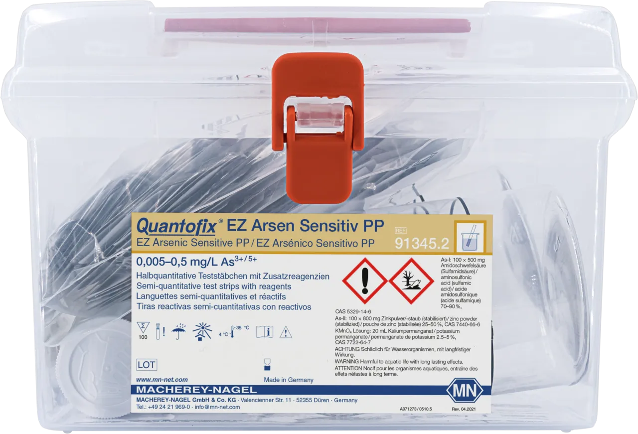 QUANTOFIX EZ Arsenic Sensitive PP Range 0-0.005-0.010-0.025-0.05-0.10-0.25-0.50 mg/L As3+/5+ Content: 1 aluminum container with 100 test strips