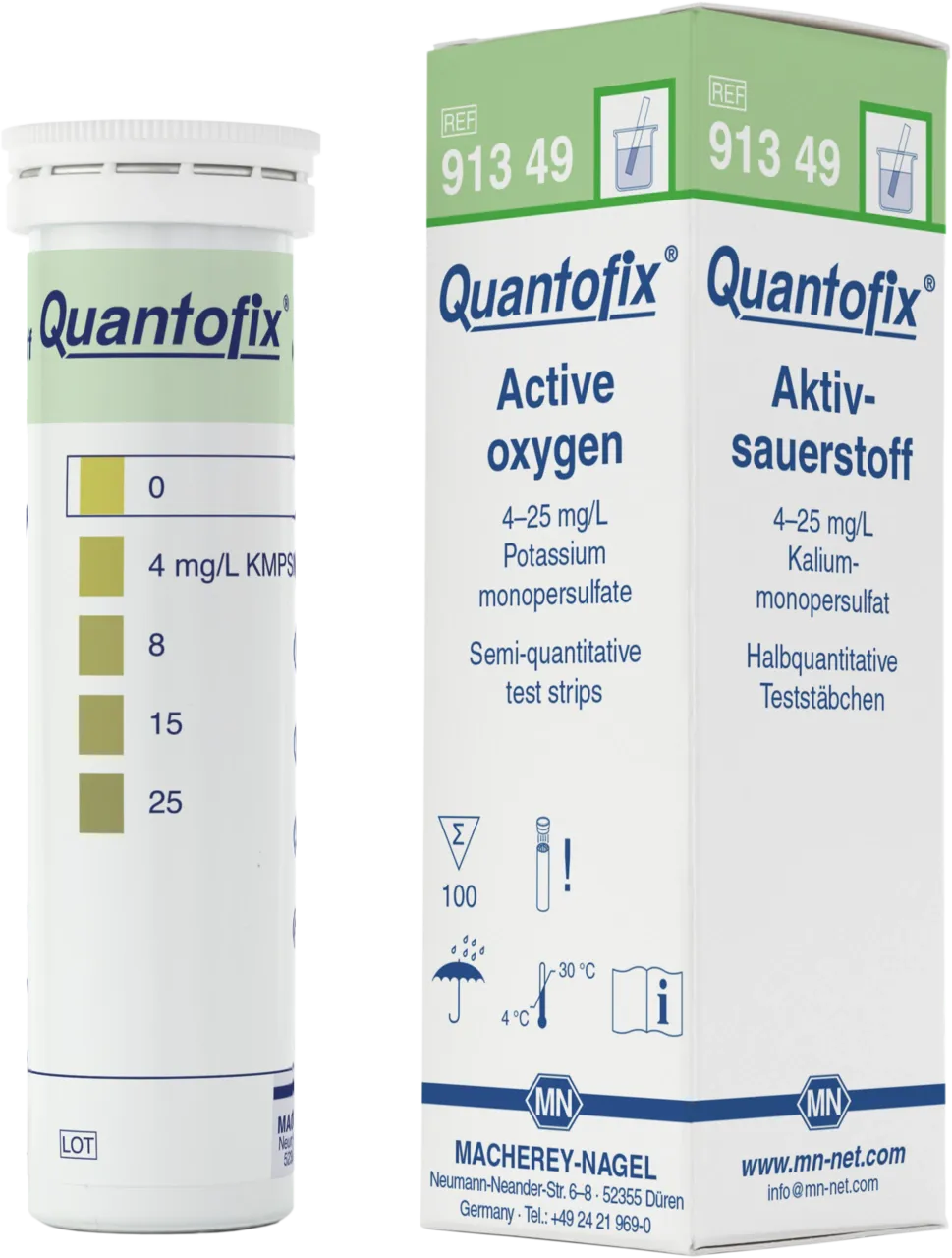 QUANTOFIX Active oxygen (potassium monopersulfate) test strips 6 x 95 mm measuring range: 0-4-8-15-25 mg/L PMPS sufficient for 100 determinations