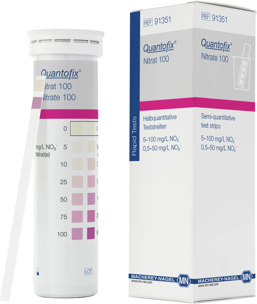 QUANTOFIX Nitrate 100 test strips 6 x 95 mm measuring range: 0-5-10-25-50-75-100 mg/L NO3- 0-0.5-2-5-10-25-50 mg/L NO2- sufficient for 100 determinations