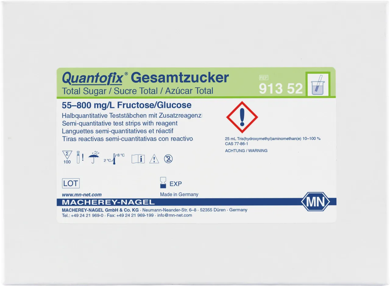 QUANTOFIX Total Sugar test strips 6 x 95 mm measuring range: 0-55-100-250-400-600- 800 mg/L fructose/glucose sufficient for 100 determinations