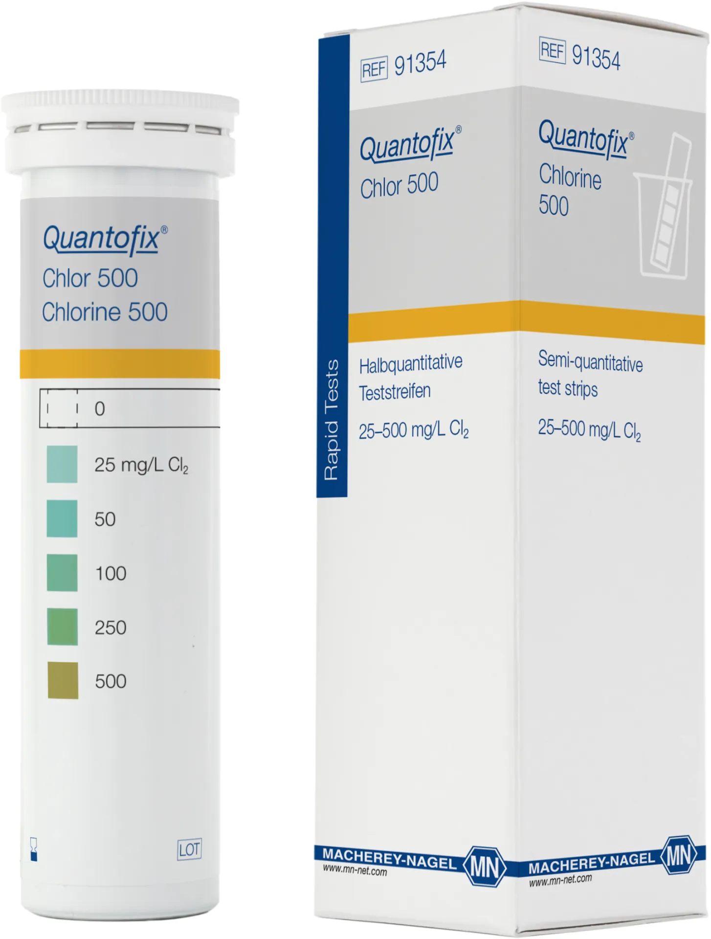 QUANTOFIX Chlorine 500 test strips 6 x 95 mm measuring range: 0-25-50-100-250-500 mg/L Cl2 sufficient for 100 determinations
