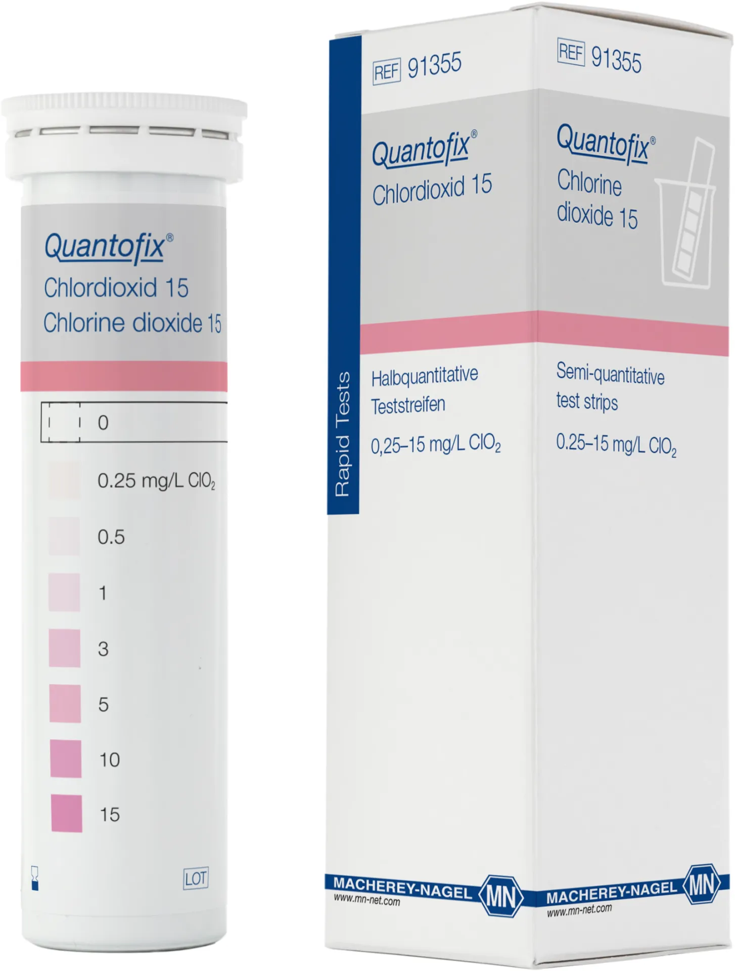 QUANTOFIX chlorine dioxide 15 test strips 6 x 95 mm measuring range: 0-0.25-0.5-1-3-5-10-15 mg/L ClO2 sufficient for 50 determinations