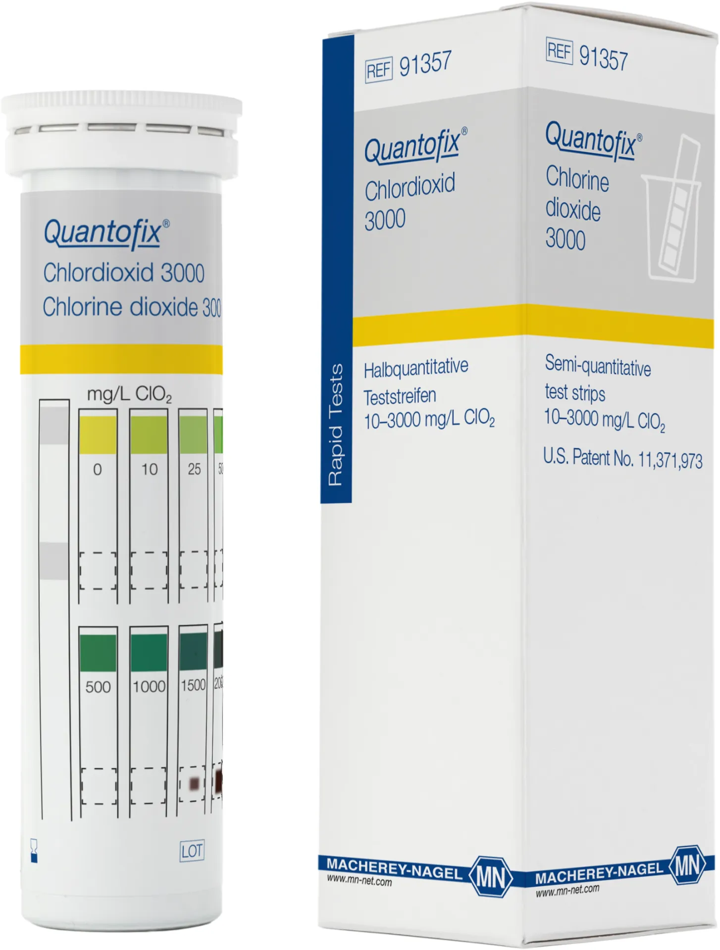 QUANTOFIX chlorine dioxide 3000 test strips 6 x 95 mm measuring range: 0-10-25-50-100-250-500-1000-1500-2000-2500-3000 mg/L ClO2 sufficient for 100 determinations