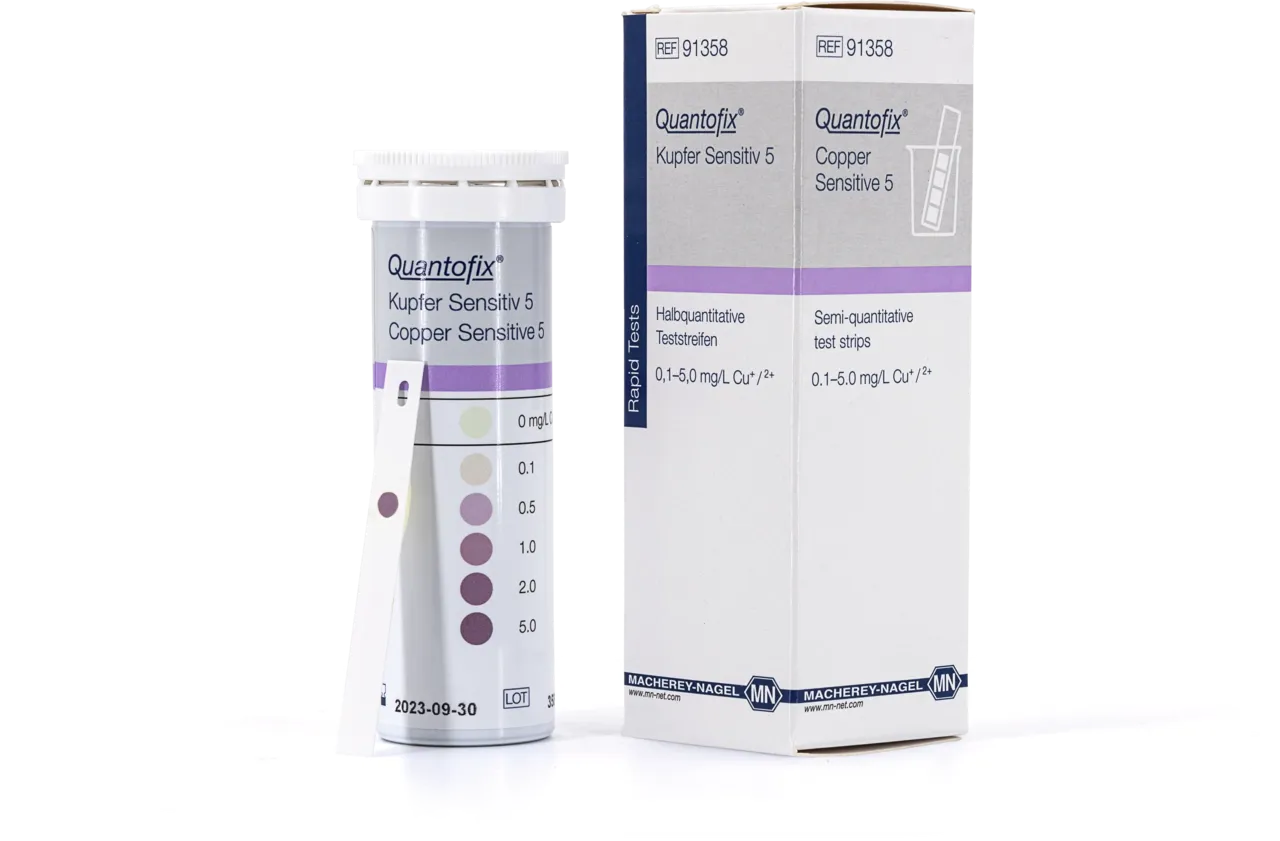 QUANTOFIX Copper Sensitive 5 test strips 7x60 mm measuring range: 0 - 0.1 - 0.5 - 1.0 - 2.0 - 5.0 mg/L Cu+/2+ sufficient for 25 determinations