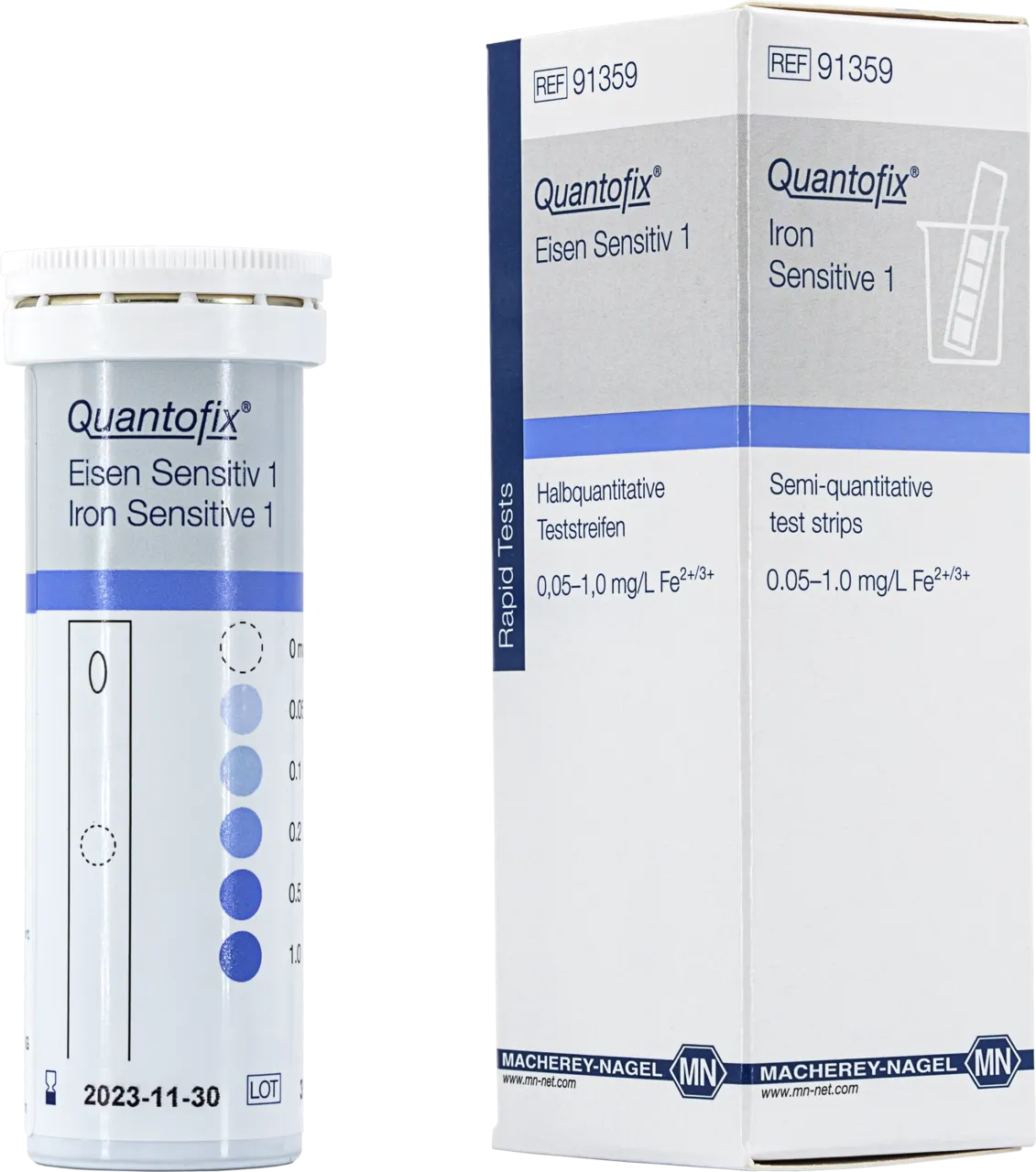 QUANTOFIX Iron Sensitive 1 test strips 7x60 mm measuring range: 0 - 0.05 - 0.1 - 0.2 - 0.5 - 1.0 mg/L Fe2+/3+ sufficient for 25 determinations