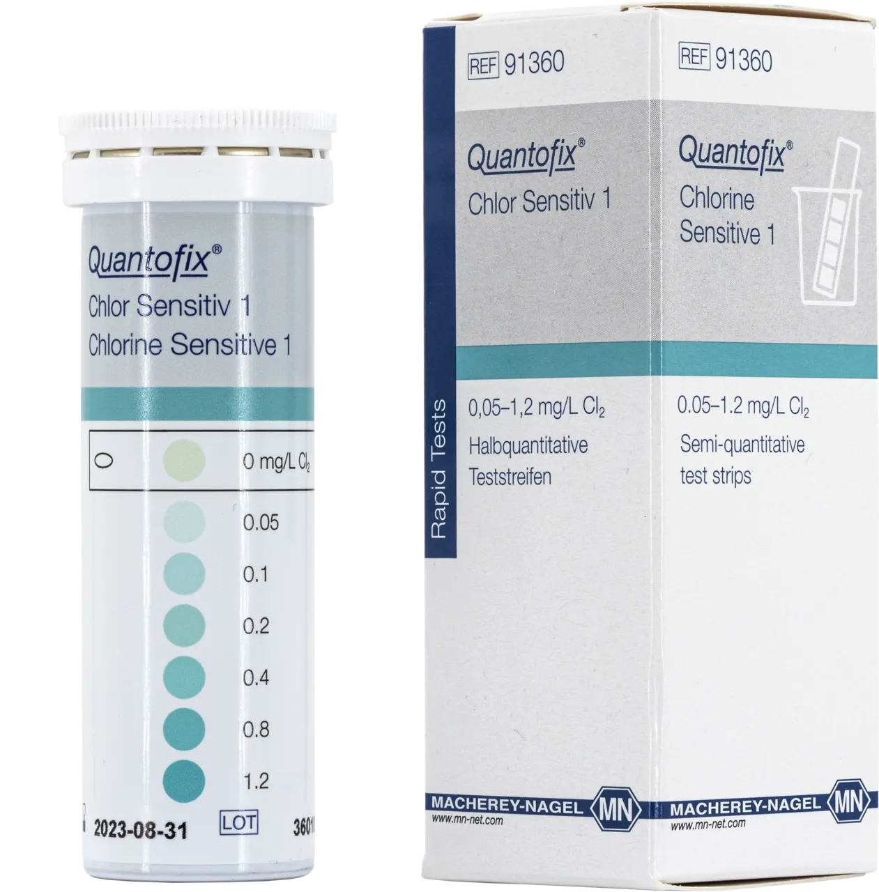 QUANTOFIX Chlorine Sensitive 1 test strips 7 x 60 mm measuring range: 0 - 0.05 - 0.1 - 0.2 - 0.4 - 0.8 - 1.2 mg/L Cl2 sufficient for 50 determinations